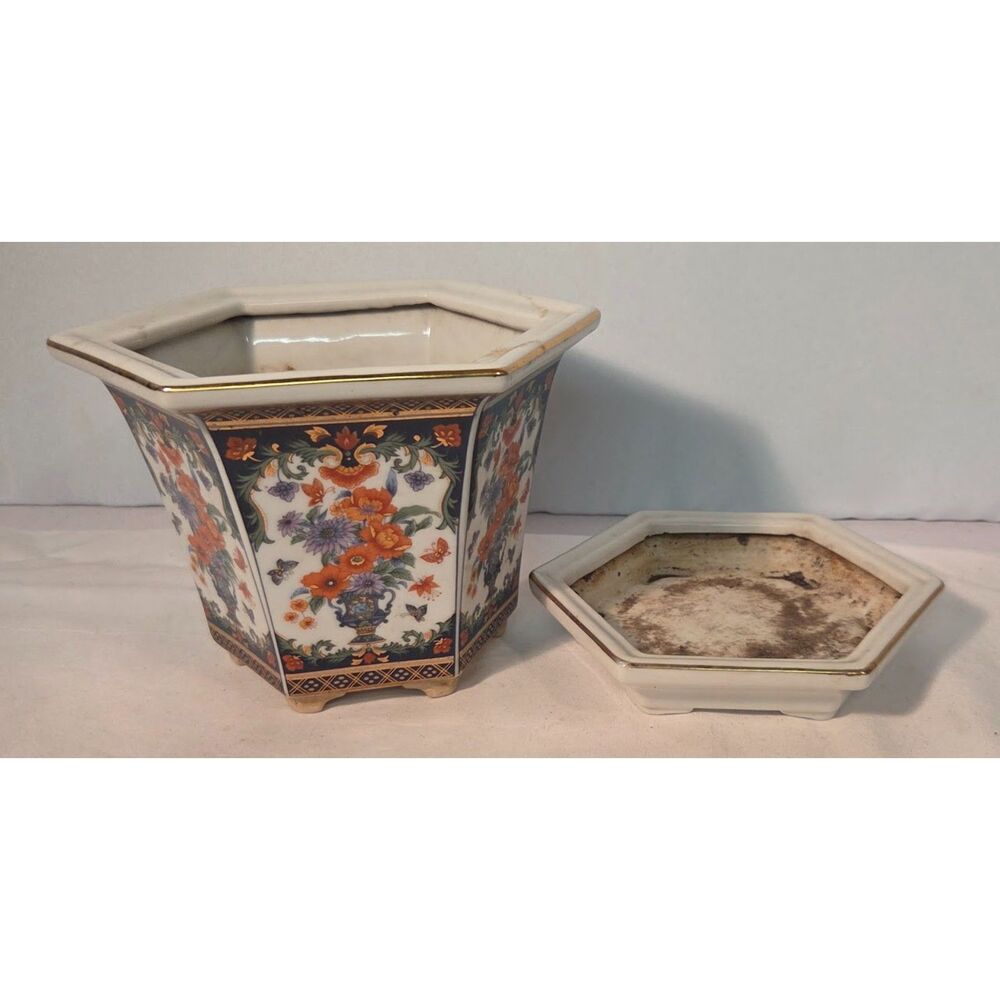 Vintage Asian Style Floral Planter With Tray Hexagon Ceramic Imari Style